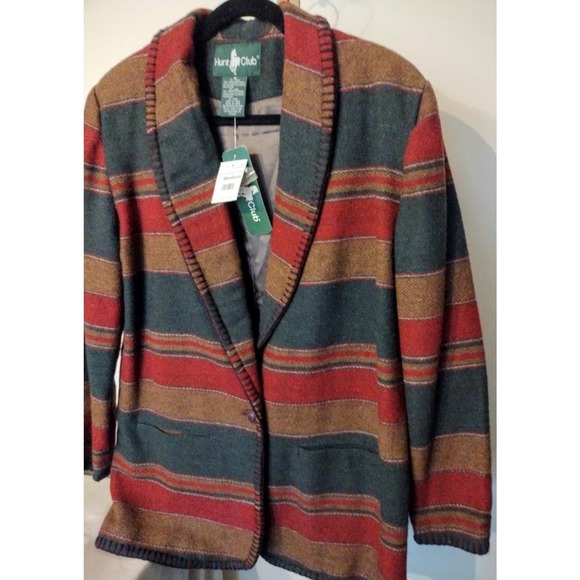 90s HUNT CLUB Wool Southwestern Blanket Jacket Green Red Oversized Riding M NWT - Picture 4 of 8